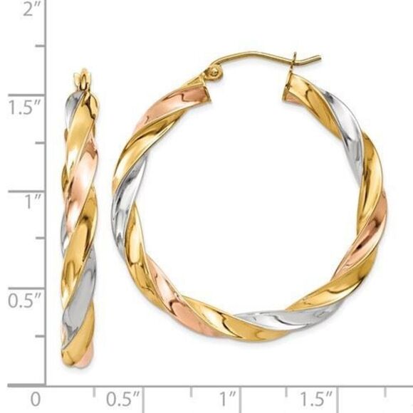 14k Tri-color Light Twisted Hoop Earrings measures 34mm long by 36mm wide - Picture 4 of 4